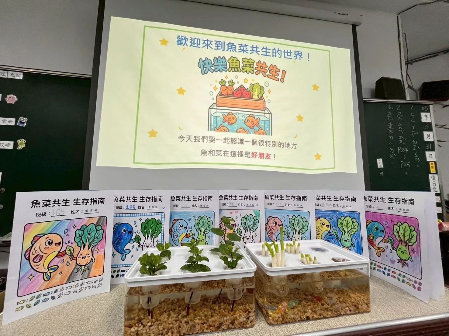 水夢同行校園魚菜共生成果：學生作品、微型蔬菜與水循環生態箱展示